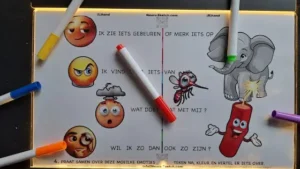 "Kort Lontje" opvoedondersteuning, lichtbord met 7 bijbehorende "praatplaten", Nederlands.