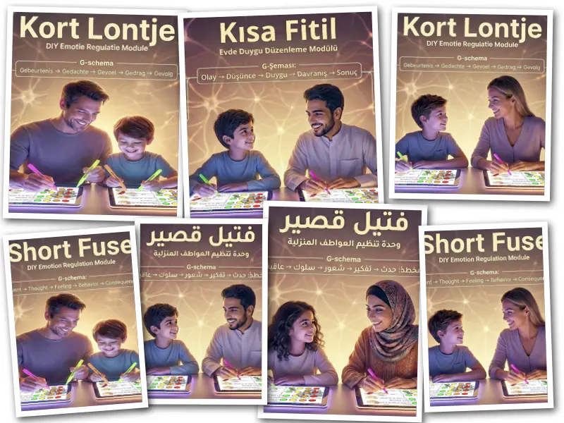 "Kort Lontje" opvoedondersteuning, lichtbord met 7 bijbehorende "praatplaten", Nederlands.